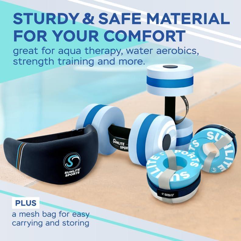 imageSunlite Sports Water Weights Pool Exercise Dumbbells Water Aerobic Equipment HighDensity EVAFoam Dumbbell with Handle Strip Aqua Therapy Pool Fitness Water Exercise Set of 2Aqua Blue Premier Set with Aqua Cuffs