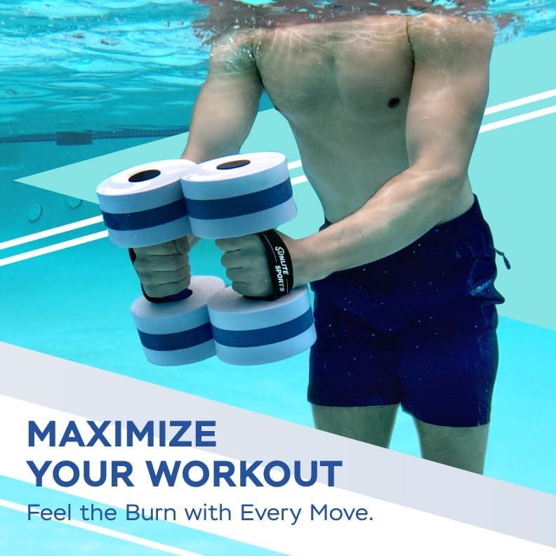 imageSunlite Sports Water Weights Pool Exercise Dumbbells Water Aerobic Equipment HighDensity EVAFoam Dumbbell with Handle Strip Aqua Therapy Pool Fitness Water Exercise Set of 2Aqua Blue Premium Combo with Carry Bag