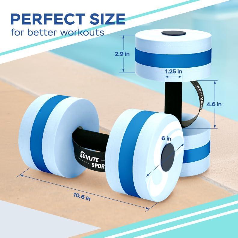 imageSunlite Sports Water Weights Pool Exercise Dumbbells Water Aerobic Equipment HighDensity EVAFoam Dumbbell with Handle Strip Aqua Therapy Pool Fitness Water Exercise Set of 2Aqua Blue Premium Combo with Carry Bag