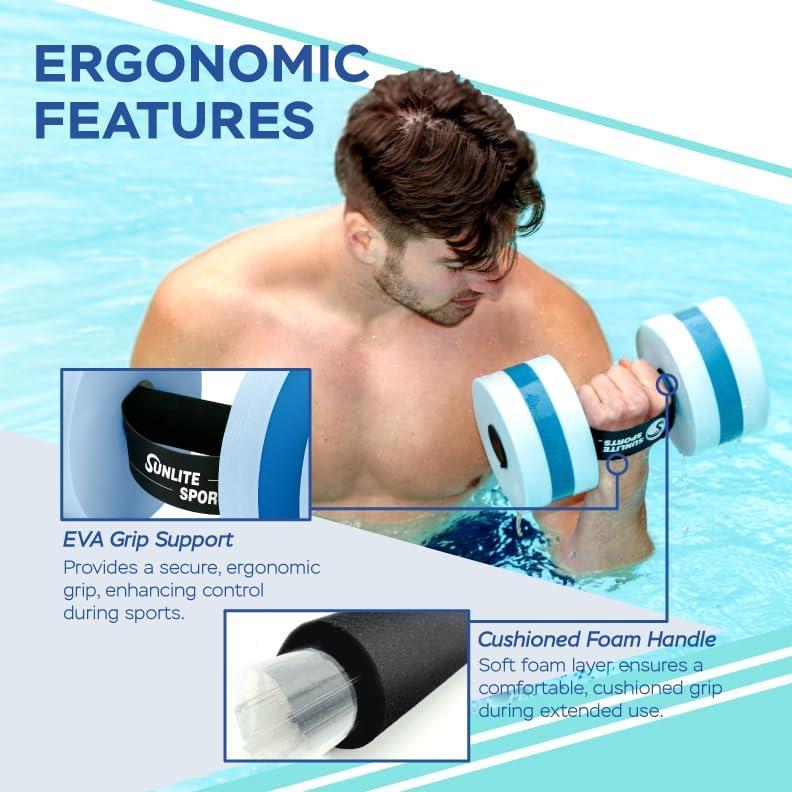 imageSunlite Sports Water Weights Pool Exercise Dumbbells Water Aerobic Equipment HighDensity EVAFoam Dumbbell with Handle Strip Aqua Therapy Pool Fitness Water Exercise Set of 2Aqua Blue Premium Combo with Carry Bag