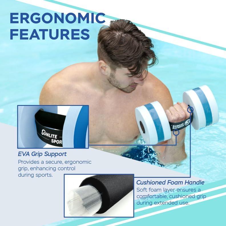 imageSunlite Sports Water Weights Pool Exercise Dumbbells Water Aerobic Equipment HighDensity EVAFoam Dumbbell with Handle Strip Aqua Therapy Pool Fitness Water Exercise Set of 2Aqua Blue Premier Set with Aqua Cuffs